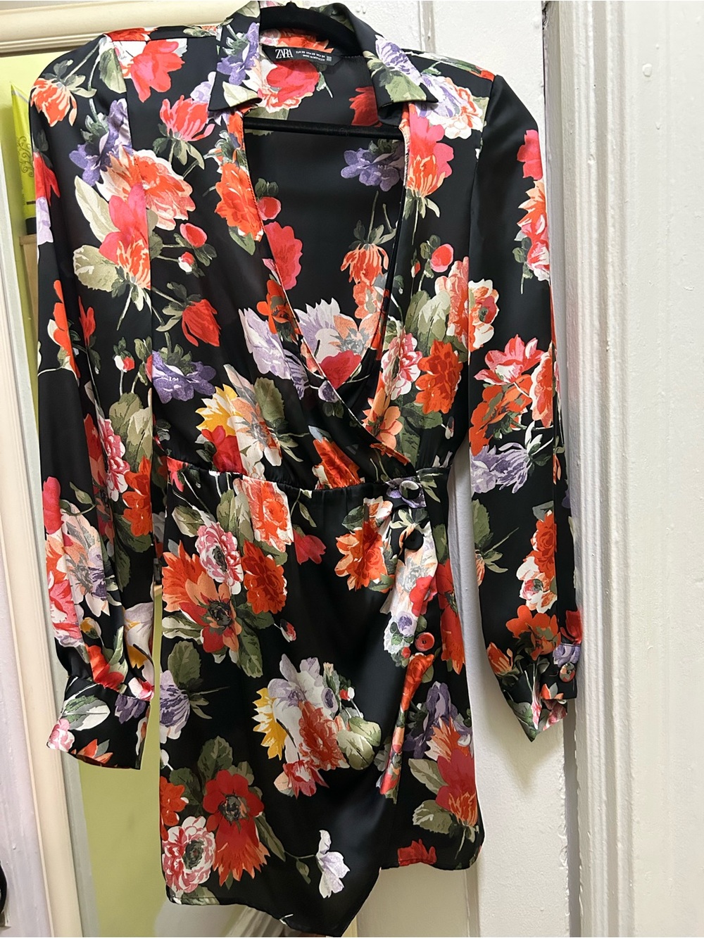 Zara Black Floral Wrap Mini Dress with Red & Purple Blooms